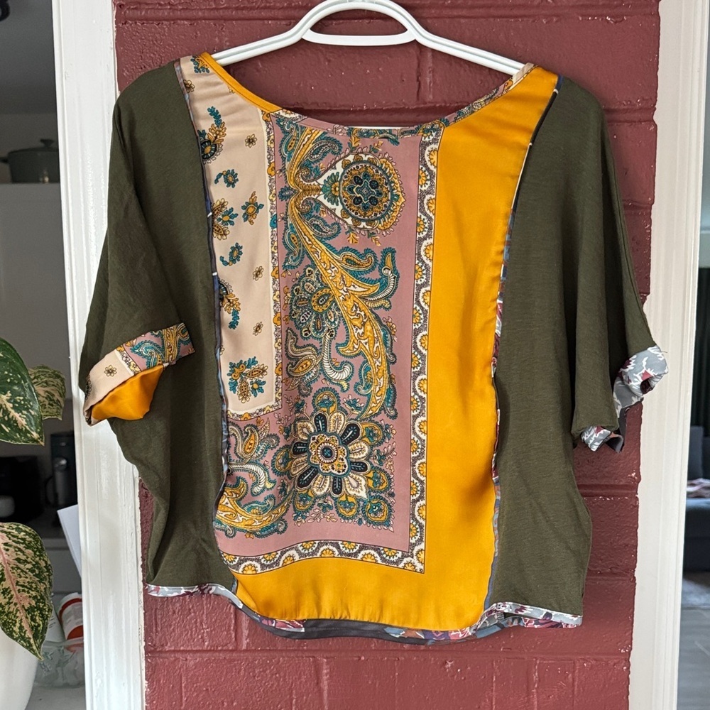TINY Anthropologie Boho Patchwork Paisley Blouse in Olive & Mustard XS